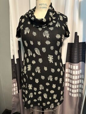 Purplish London brand Black Owl Print Cowl Neck Dress